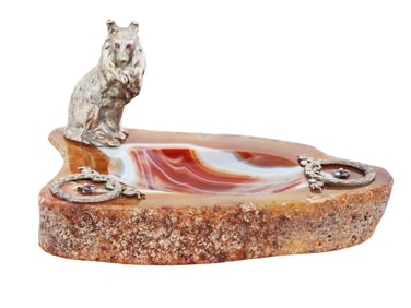 RUSSIAN CARVED AGATE SILVER AND GEMSTONES ASHTRAY
