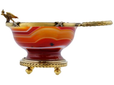 RUSSIAN GILT SILVER AGATE BOWL WITH EAGLE FIGURINE