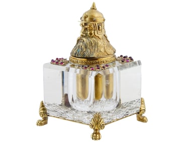 RUSSIAN GILT SILVER CUT CRYSTAL INKWELL W GEMSTONES