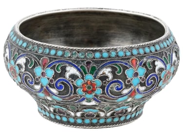 RUSSIAN 84 SILVER AND CLOISONNE ENAMEL SALT CELLAR