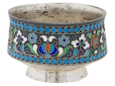 RUSSIAN 84 SILVER AND CLOISONNE ENAMEL SALT CELLAR