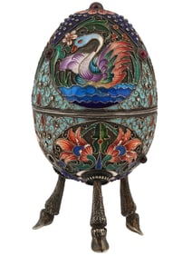 RUSSIAN 84 SILVER CLOISONNE ENAMEL EGG WITH STAND