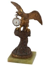 SILVER POCKET WATCH W EAGLE FIGURAL BRONZE ONYX STAND