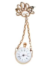 VINTAGE 14K GOLD BALL POCKET WATCH W LAPEL PIN