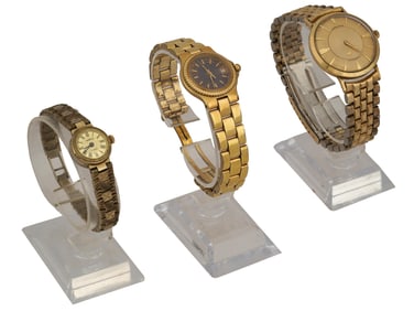 THREE VINTAGE HISTORICAL GOLD PLATED WRIST WATCHES