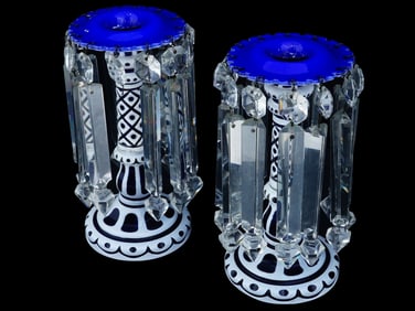 ANTIQUE 19TH C BOHEMIAN OVERLAY CUT GLASS LUSTERS