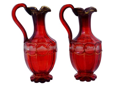 ANTIQUE BOHEMIAN ETCHED RUBY RED GLASS PITCHERS