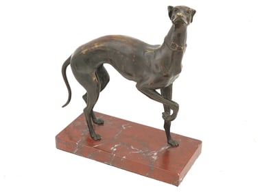 ANTIQUE CAST BRONZE DOG FIGURE ON MARBLE BASE