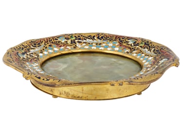 ANTIQUE GILT BRONZE CLOISONNE ENAMEL ONYX PLATE