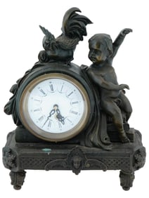 VINTAGE PATINATED BRONZE MANTEL CLOCK W PUTTI