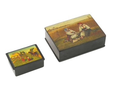 ANTIQUE RUSSIAN LACQUER TRINKET BOXES WITH RURAL SCENES