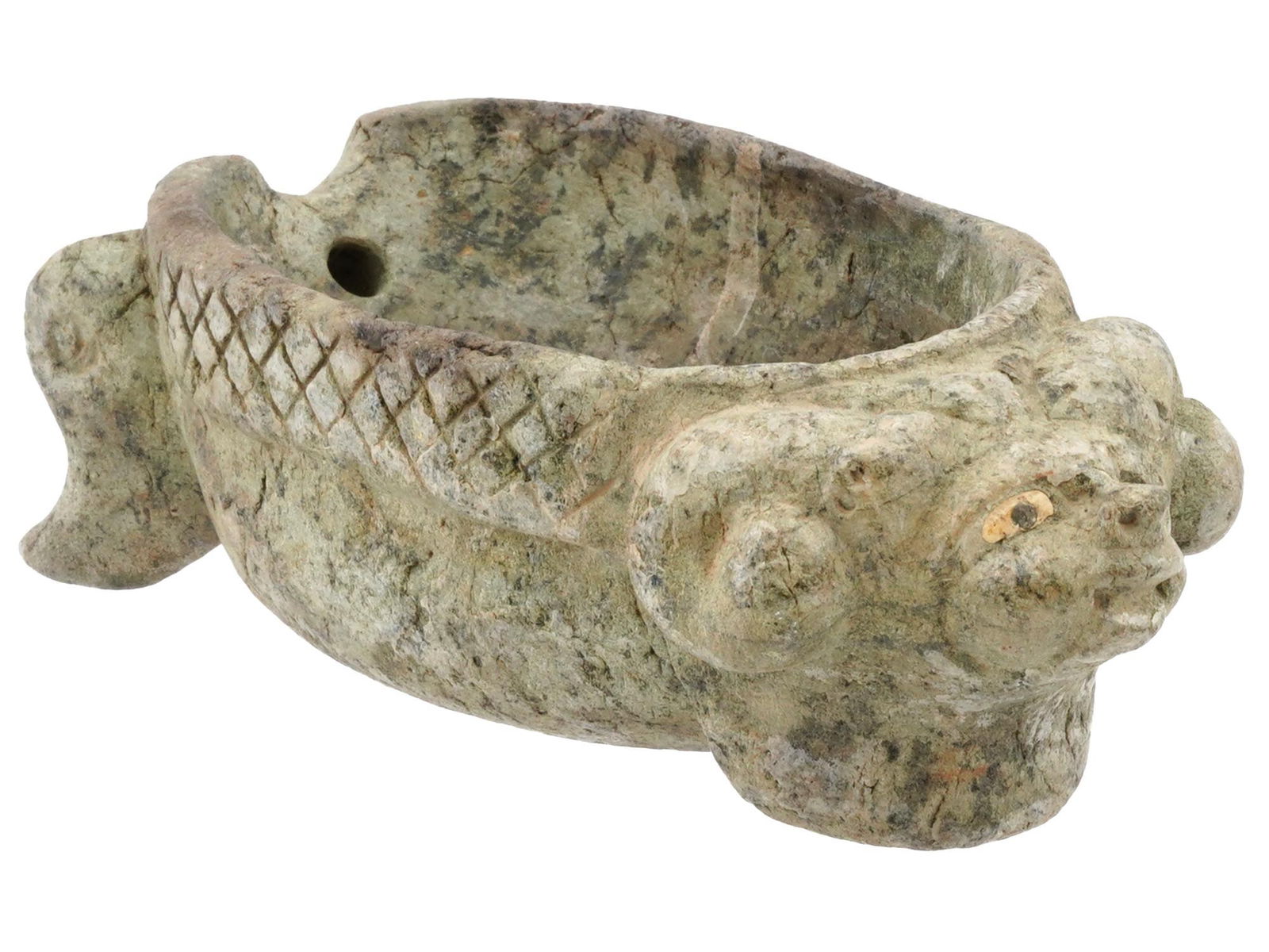 ANCIENT CARVED GRANITE STONE RITUAL BOWL W ANIMAL HEAD (1 of 7)