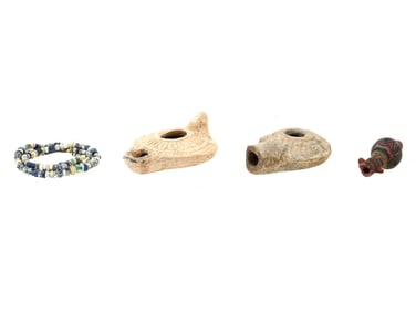 ANCIENT ROMAN ARTIFACTS LAMPS GLASS JAR NECKLACE