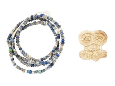 ANCIENT EYE IDOL FRAGMENT AND ROMAN BEADED NECKLACE