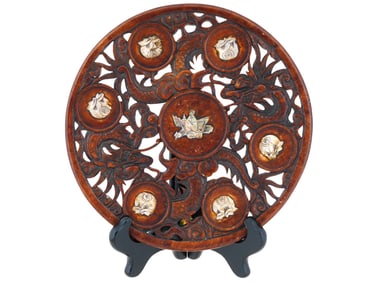 LARGE ANTIQUE CHINESE QING CARVED JADE BI DISC ON STAND