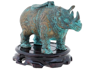 ANTIQUE CHINESE BRONZE RHINOCEROS ZUN SCULPTURE