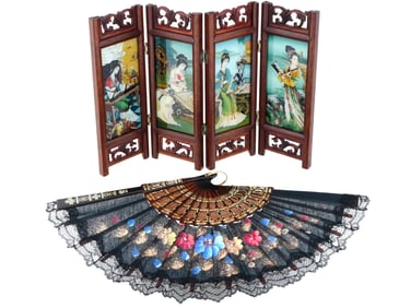 VINTAGE CHINESE FOLDING TABLE SCREEN AND WOODEN FAN