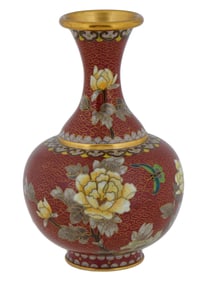 CHINESE FLORAL BUTTERFLY DESIGN CLOISONNE ENAMEL VASE