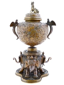 ANTIQUE JAPANESE MEIJI BRONZE CENSER WITH ELEPHANTS