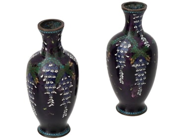 JAPANESE WISTERIA FLOWERS CLOISONNE ENAMEL VASES
