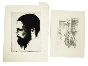 MID CENTURY MALE PORTRAIT ETCHING AND PENCIL DRAWING
