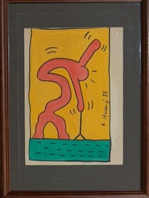 KEITH HARING AMERICAN MIXED MEDIA DRAWING WITH COA