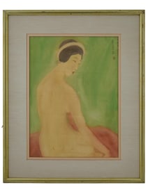 CHINESE FEMALE NUDE WATERCOLOR SILK PAINTING SIGNED