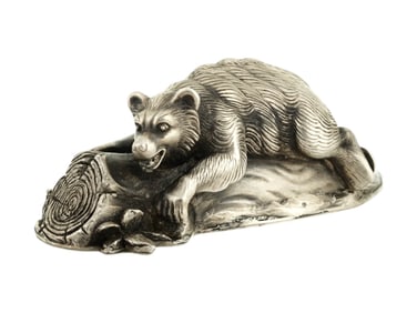 RUSSIAN 84 SILVER ENGRAVED FIGURINE OF BEAR ON LOG