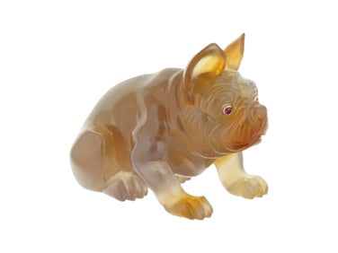 RUSSIAN CARVED AGATE GOLD AND RUBY BULLDOG FIGURE