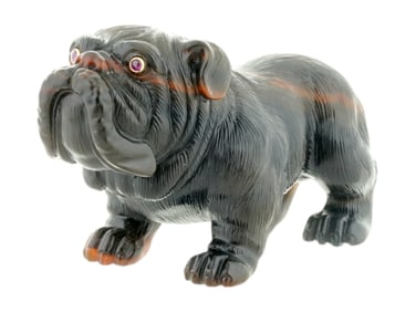RUSSIAN CARVED AGATE RUBY GOLD BULLDOG FIGURINE