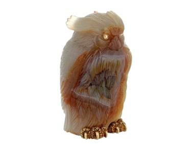 RUSSIAN CARVED AGATE GILT SILVER OWL FIGURE W DIAMONDS
