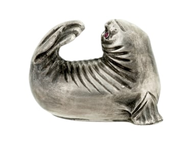 RUSSIAN SILVER AND RUBY BABY FUR SEAL FIGURINE