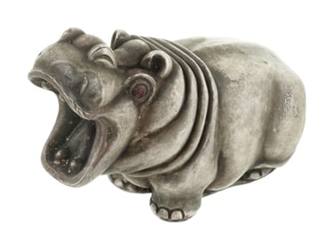 RUSSIAN SILVER HIPPO FIGURINE W RUBY STONE EYES