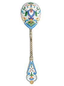RUSSIAN GILT SILVER ENAMEL SPOON WITH A TWISTED STEM