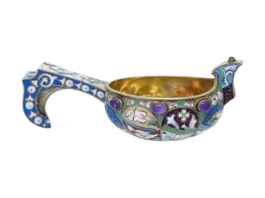 RUSSIAN GILT SILVER ENAMEL KOVSH WITH GEMSTONES