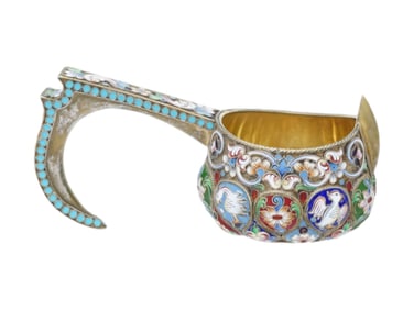 RUSSIAN 88 GILT SILVER CLOISONNE ENAMEL KOVSH