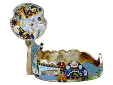 LARGE RUSSIAN 88 SILVER CLOISONNE ENAMEL KOVSH
