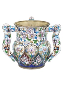 RUSSIAN 88 GILT SILVER AND ENAMEL THREE HANDLED CUP