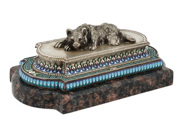LARGE RUSSIAN SILVER ENAMEL HARDSTONE INKWELL WITH BEAR