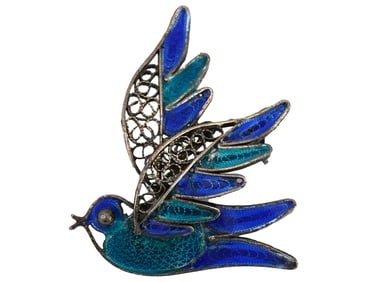 EARLY 20TH C SILVER FILIGREE ENAMEL BIRD BROOCH