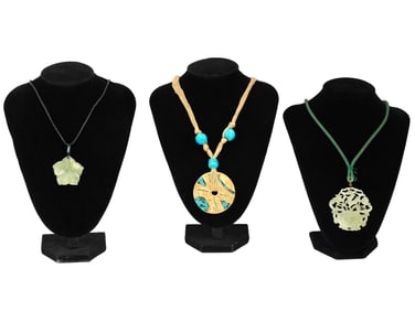 VINTAGE TURQUOISE AND CARVED JADE PENDANTS