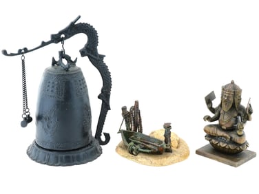 ASIAN BRONZE BOAT BELL AND BRAHMANE FIGURINES