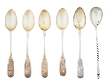 SIX ANTIQUE RUSSIAN 84 SILVER TEA SPOONS