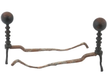 PAIR OF CAST FIREPLACE ANDIRONS W SPHERICAL TOPS