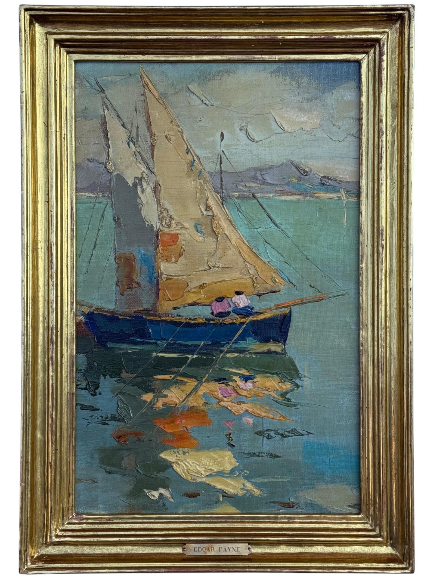 ANTIQUE AMERICAN OIL PAINTING BY EDGAR ALWIN PAYNE: Edgar Alwin Payne, American, 1883 to 1947, an oil on board painting depicting a seascape with a sailboat. Housed in a gilt wood frame with a metal name plate below. Edgar Payne was a renowned American