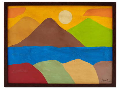 ATTR TO ETEL ADNAN ABSTRACT LEBANESE OIL PAINTING: Attributed to Etel Adnan, Lebanese, 1925 to 2021, oil painting on canvas depicting an abstract landscape. Signed lower right. Framed. Etel Adnan was a Lebanese American poet, essayist, and visual arti