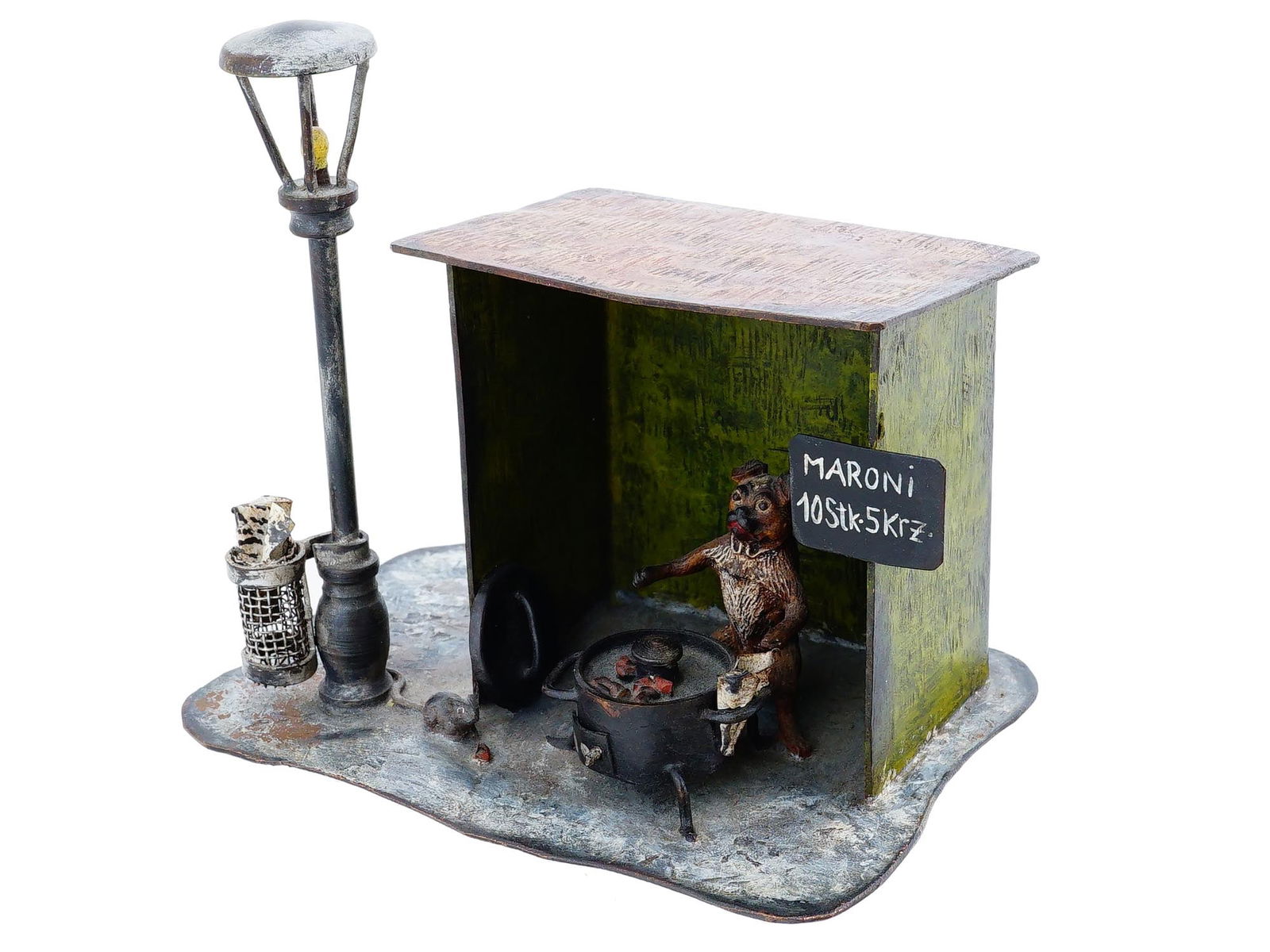 AUSTRIAN VIENNA BRONZE FIGURE BY FRANZ BERGMANN: An antique Austrian Vienna cold painted bronze figure designed by Franz Xaver Bergmann. The figure depicts a scene with a dog cooking over cauldron and a mouse, and a plate, inscribed, Maroni. Marked,