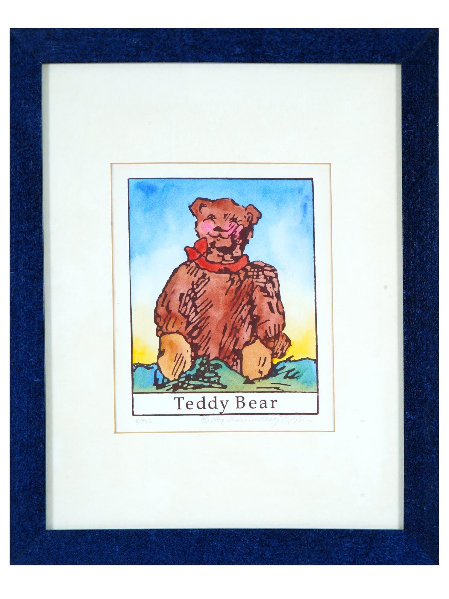 HAND COLORED SERIGRAPH BY MAUREEN REDDY O BRIEN: Hand-watercolored serigraph print on paper by Maureen Reddy O Brien, a contemporary American artist. From a series of limited edition prints adapted from antique illustrations, commissioned and produc