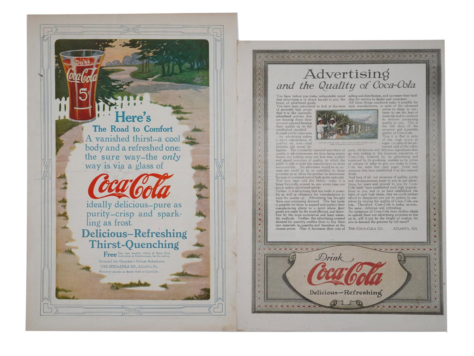 VINTAGE COCA COLA ARTICLE PAGES AND ADVERTISING: A lot of two vintage Coca Cola article pages. Printed images with different Coca Cola articles and advertising. Featuring polychrome illustrations on the front side and monochrome illustrations on the