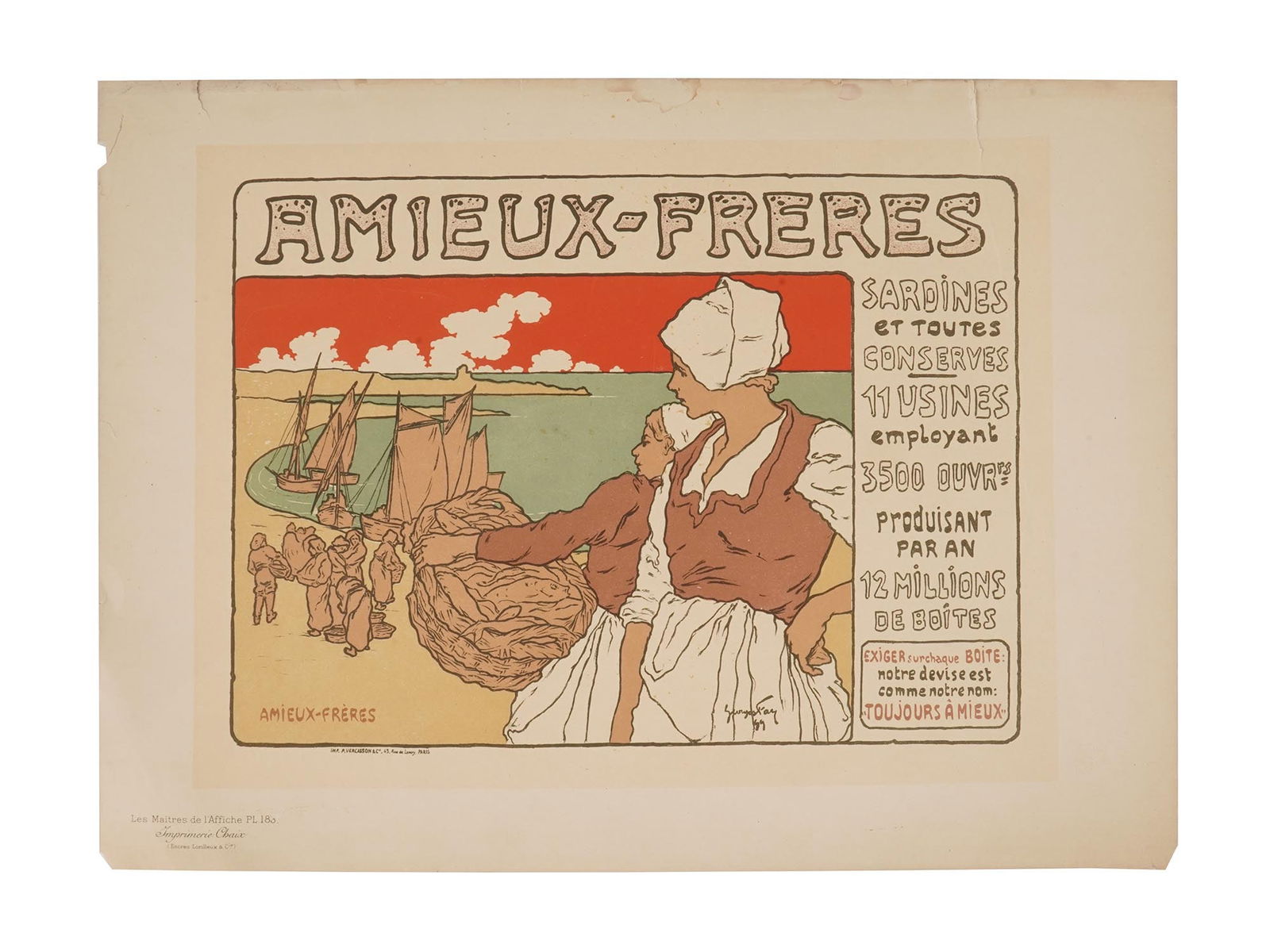 ANTIQUE 1899 FRENCH LITHOGRAPH BY GEORGES FAY: An antique 1899 colored offset lithograph printed by Encres Lorilleux & Cie printing house. Les Maitres d'Affiche, pl. 183, Imprimerie Chaix. An advertisement for Sardines Amieux-Freres. Artwork by Ge